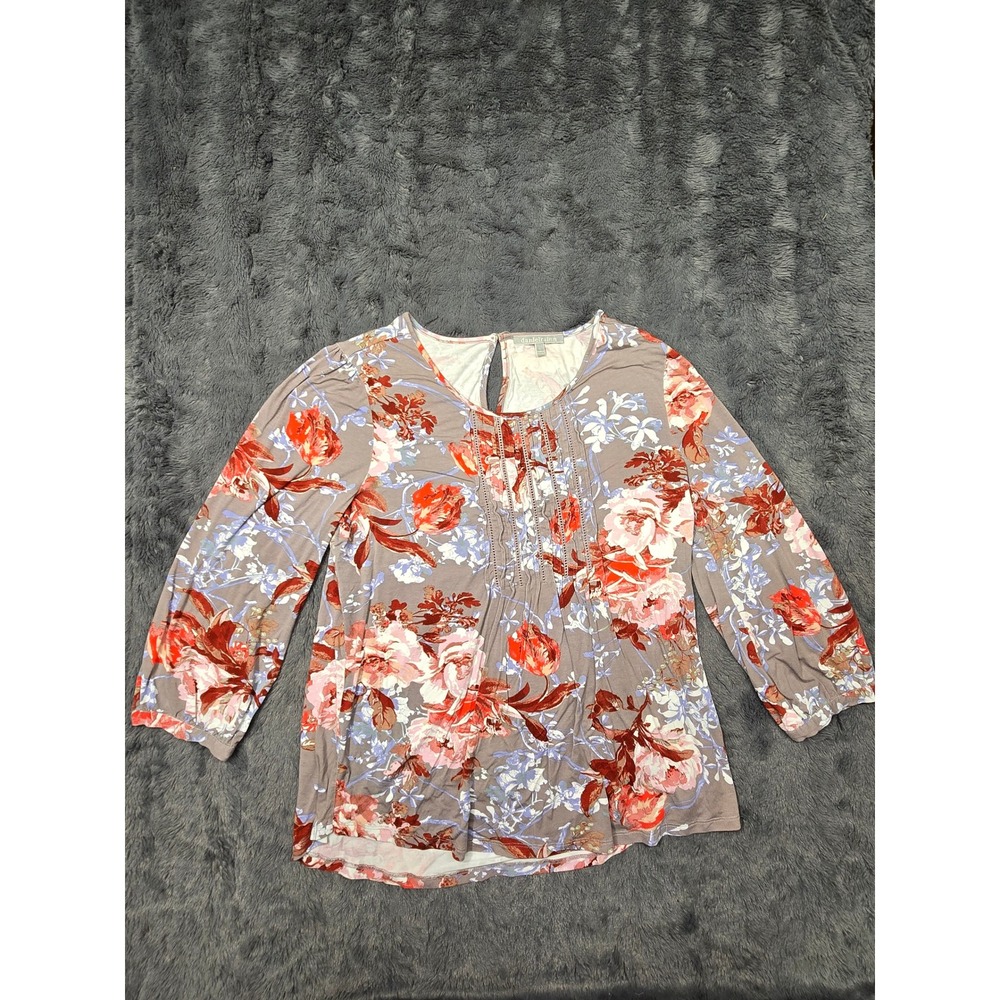Daniel Rainn Womens Floral 3/4 Sleeve Blouse Taupe Red Lace Trim Pleated Top L